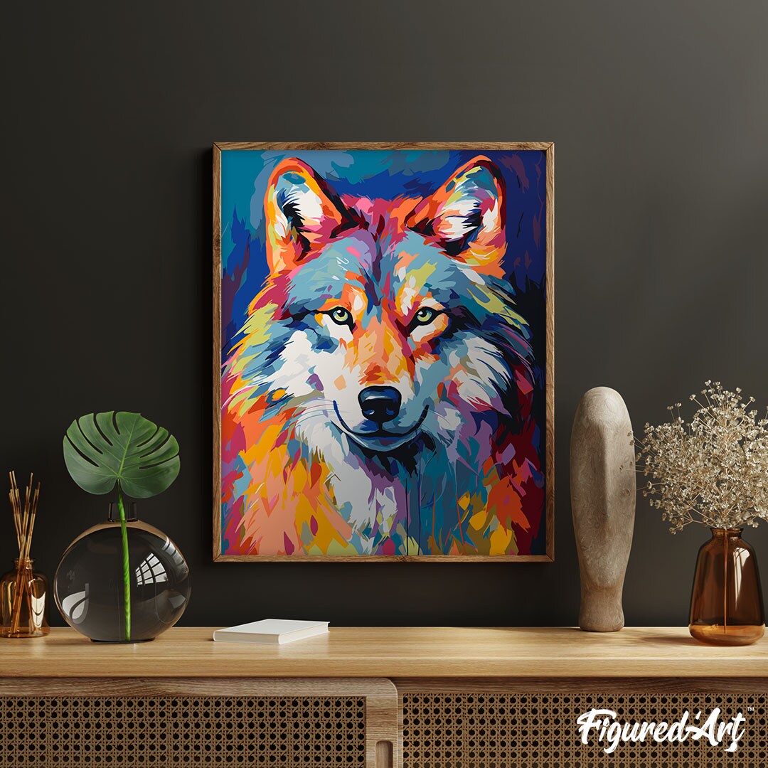 Figured&#x27;Art Paint by Number for Adults Colorful Abstract Wolf 16&#x22;x20&#x22; - Craft Art Painting Rolled Canvas with DIY Wooden Frame