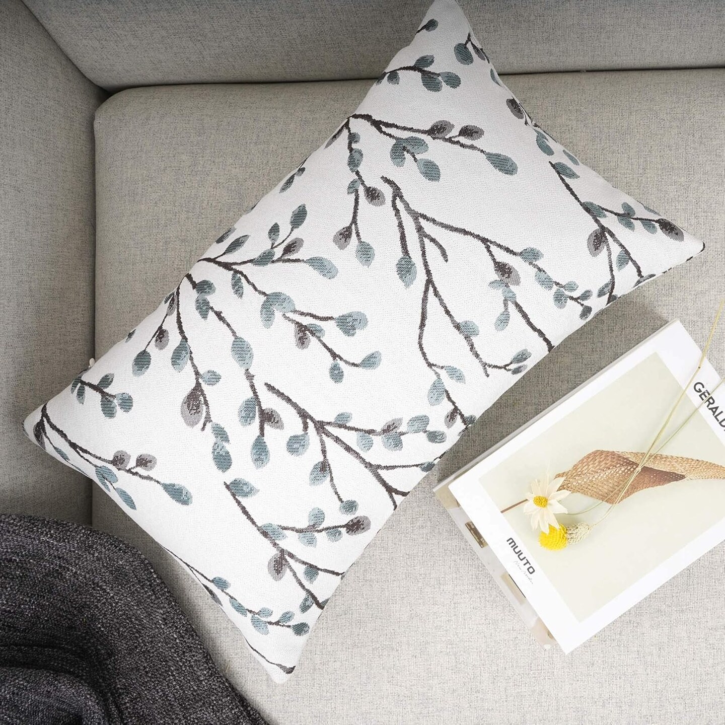 Classical Embroidery Jacquard Farmhouse Oblong Rectangle Chenille Teal Leaf Decorative Throw Pillow Case,12x20 inch