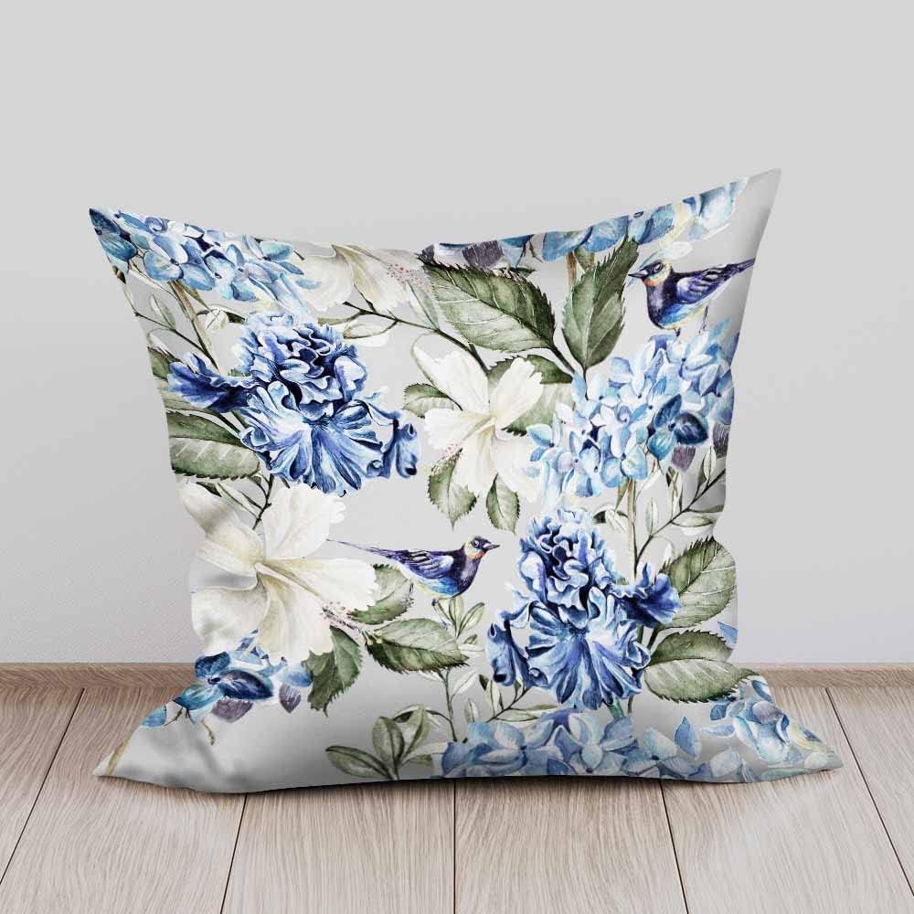Pillow Covers Colorful Watercolor Blue Hydrangea Hibiscus Iris Leaf and Bird Spring Flowers Pattern 18X18 Inch Set of 2,Standard Square Cushion Throw Cover for Couch Bedroom Living
