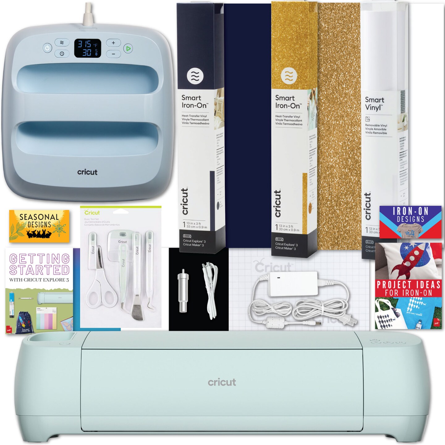 Cricut Explore 3 Cutting Machine with Cricut EasyPress 3, Smart Vinyl and Smart Iron-On Bundle