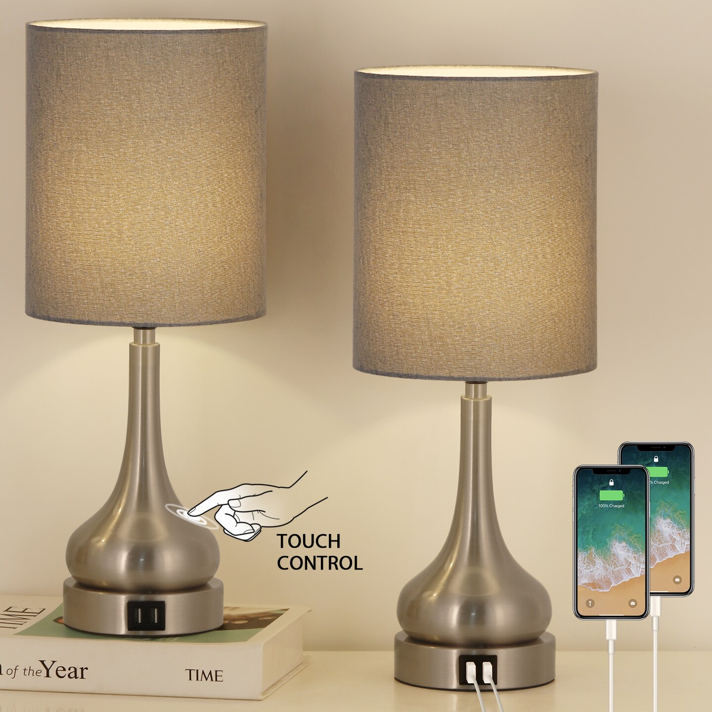 Bedroom Touch Bedside Lamps Set of 2 Table Lamp with Dual USB and AC Outlet Gary