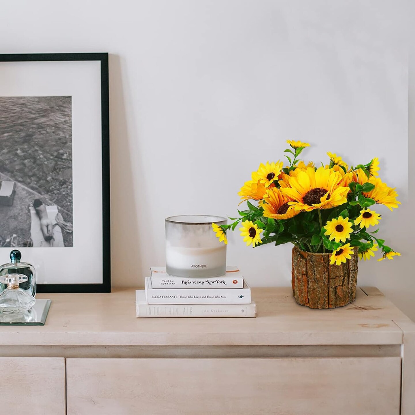 Artificial Flowers Fake Silk Sunflower Flower in Planters Flower Vase Small Rustic Potted Flower Arrangements Artificial for Home Outdoors Tabletop Decor Set of 2 (Yellow)