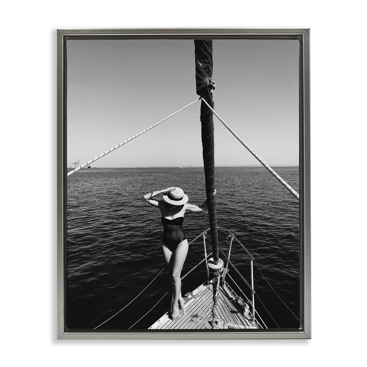 Stupell Industries Woman Posing on Boat Floater Framed Canvas Wall Art Design by LSR Design Studio