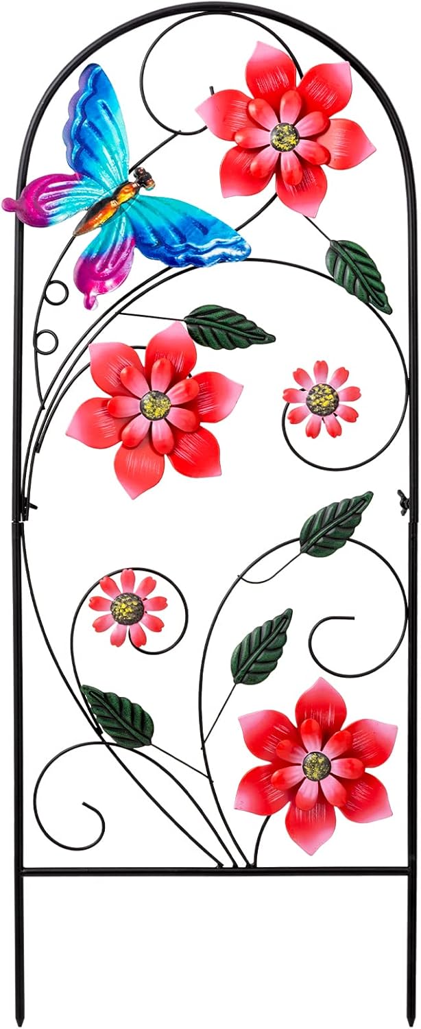 34&#x22; Metal Flower &#x26; Butterfly Garden Stake &#x2013; Decorative Outdoor Yard Art for Lawn &#x26; Patio (Red)