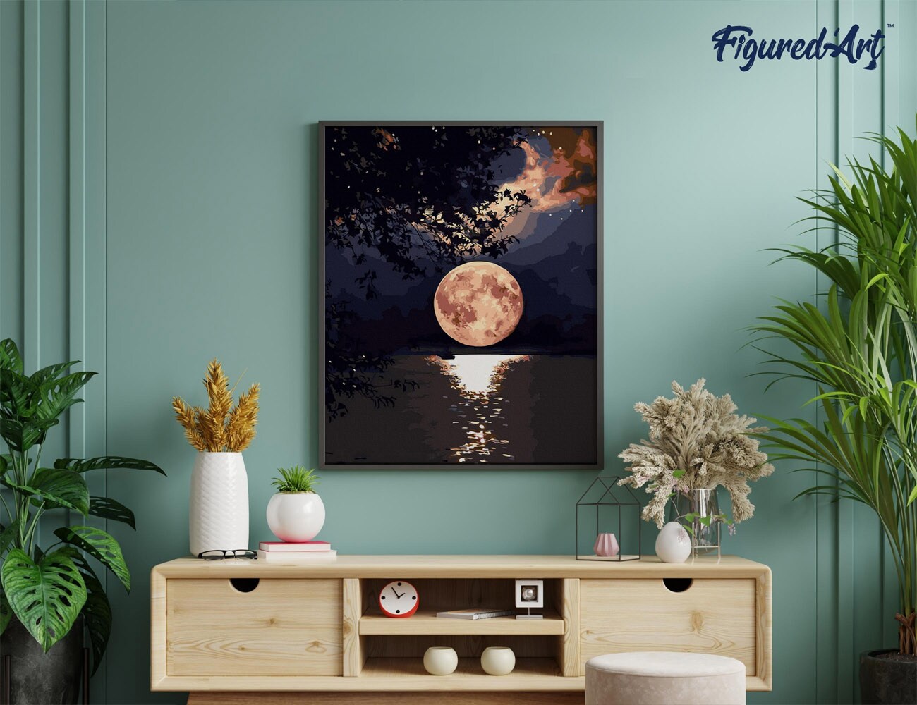 Figured'Art Paint by Numbers Kit for Adults Moon Reflection on the Lake 16"x20" - Craft Art Painting DIY Kit Rolled Canvas without frame