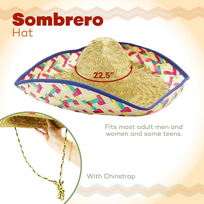 4E&#x27;s Novelty Mexican Serape Poncho with Sombrero Hat Costume &#x2013; Cinco De Mayo Outfit, Fiesta Party Dress Up Accessories