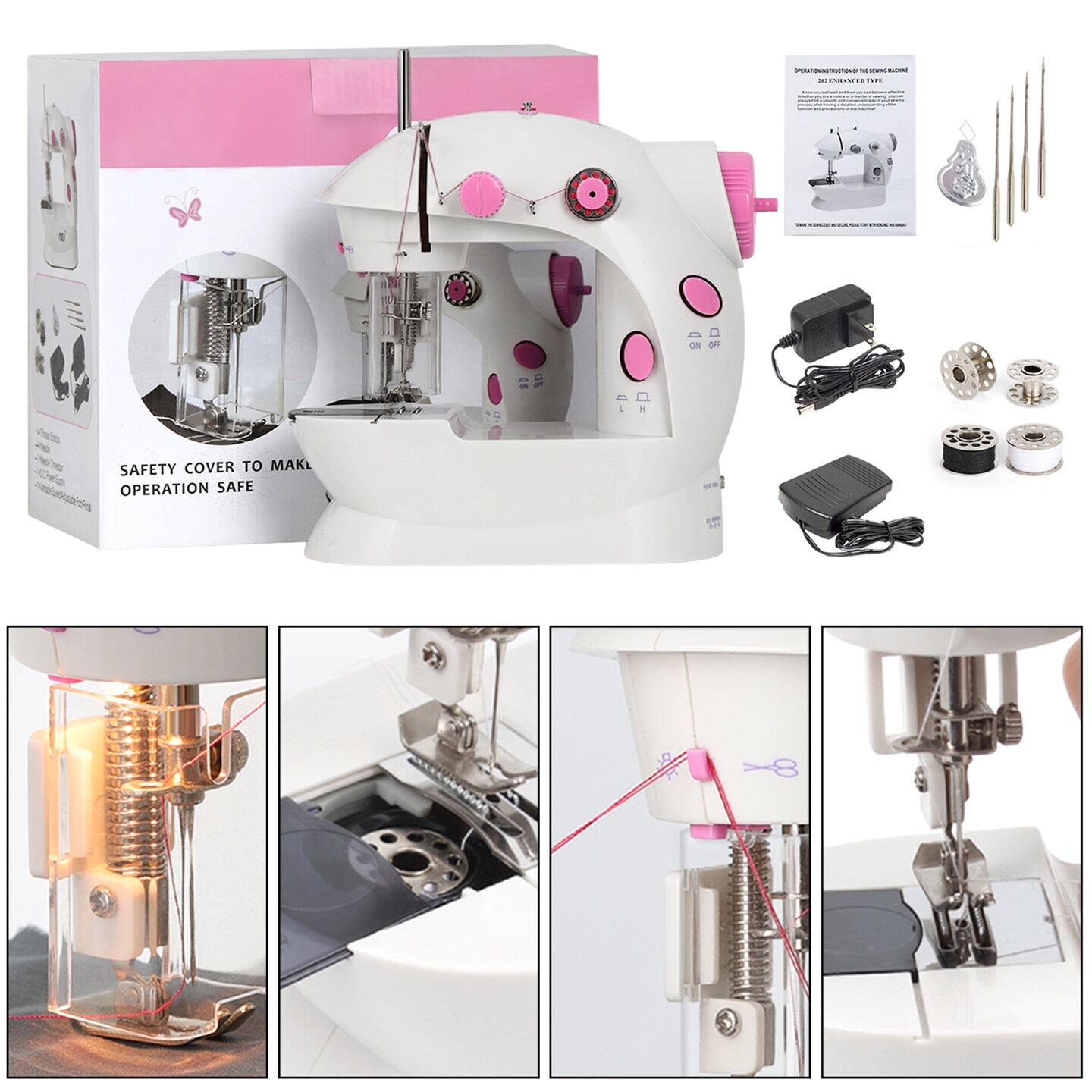 Portable Sewing Machine Adjustable 2-Speed Handheld Electric Crafting Mending Pink