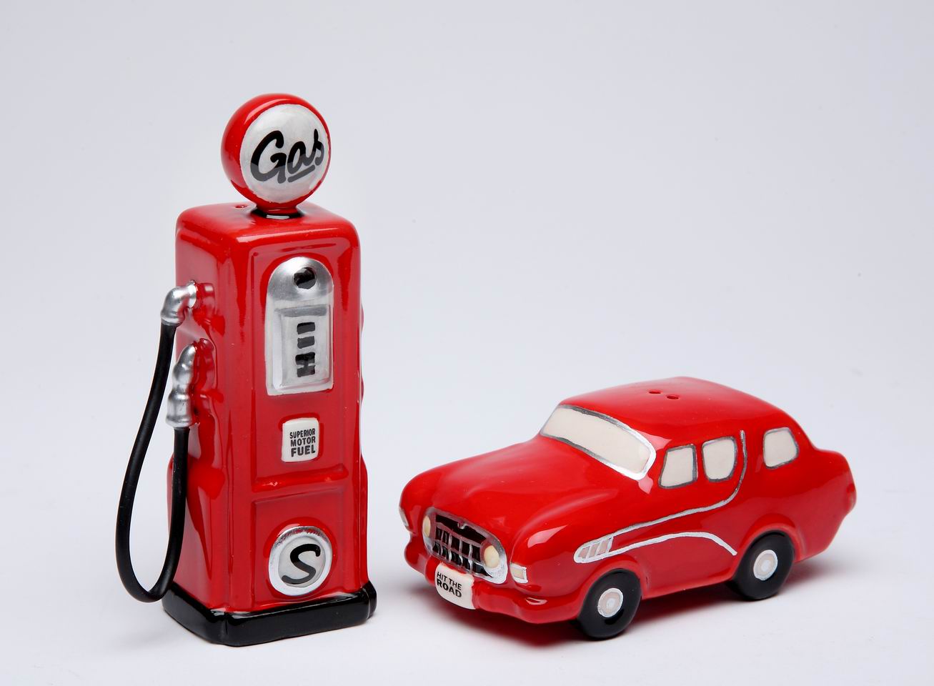 Hand Painted Ceramic Red Car And Gas Pump Salt &#x26; Pepper Shakers-Home D&#xE9;cor, Gift for Her, Gift for Him, Gift for Dad, Kitchen D&#xE9;cor