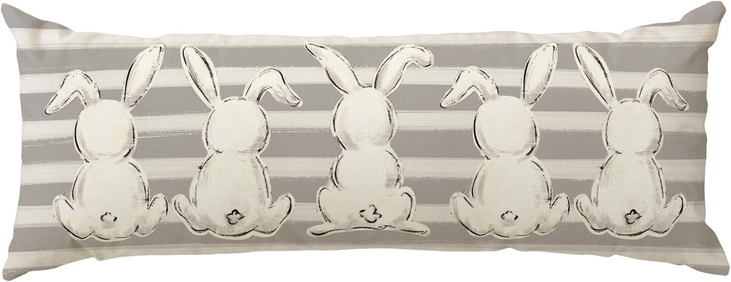 Gray Striped Bunny Easter Lumbar Pillow Cover &#x2013; 14&#x22; x 36&#x22; Long Body Pillow Case for Bed, Sofa &#x26; Bench