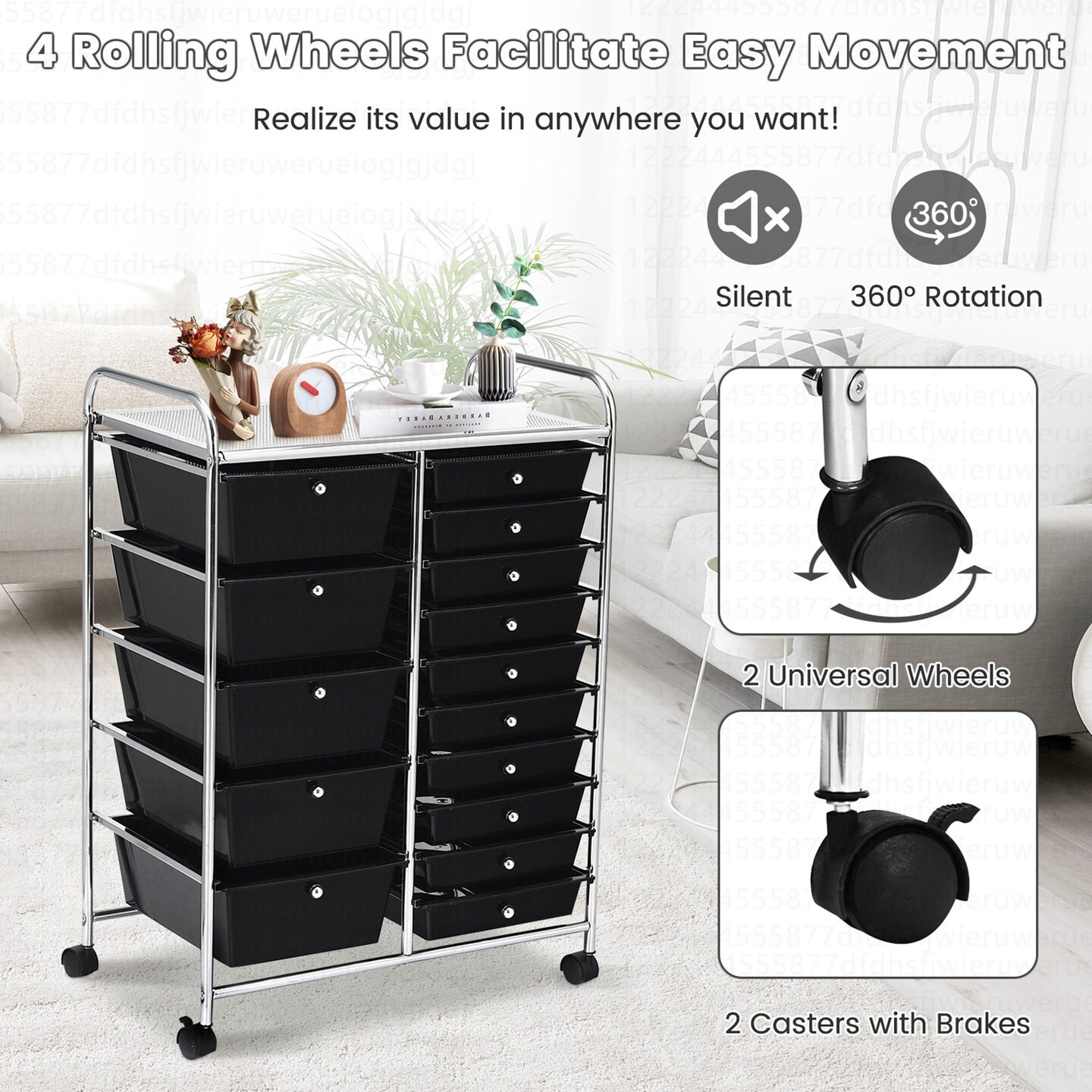 Costway 15 Drawer Art & Craft Rolling Storage Cart Tools Scrapbook Paper Office School Organizer Black