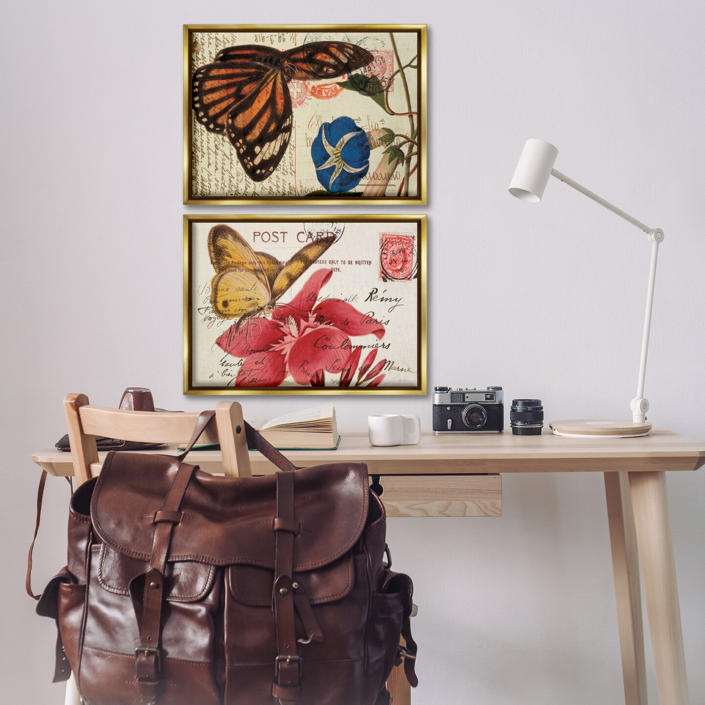 Stupell Industries Butterfly Accented Postcards 2pc Floater Framed Canvas Wall Art Set Design by Deborah Revell