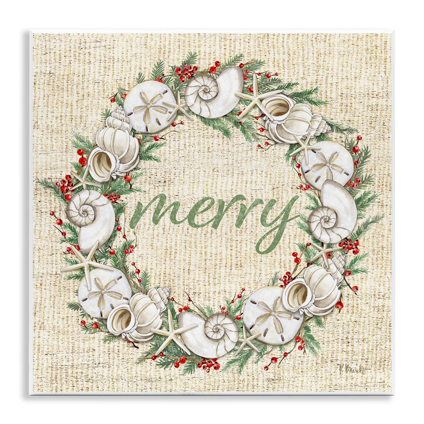 Stupell Industries Shells &#x26; Holly Merry Wall Plaque Art Design by Paul Brent