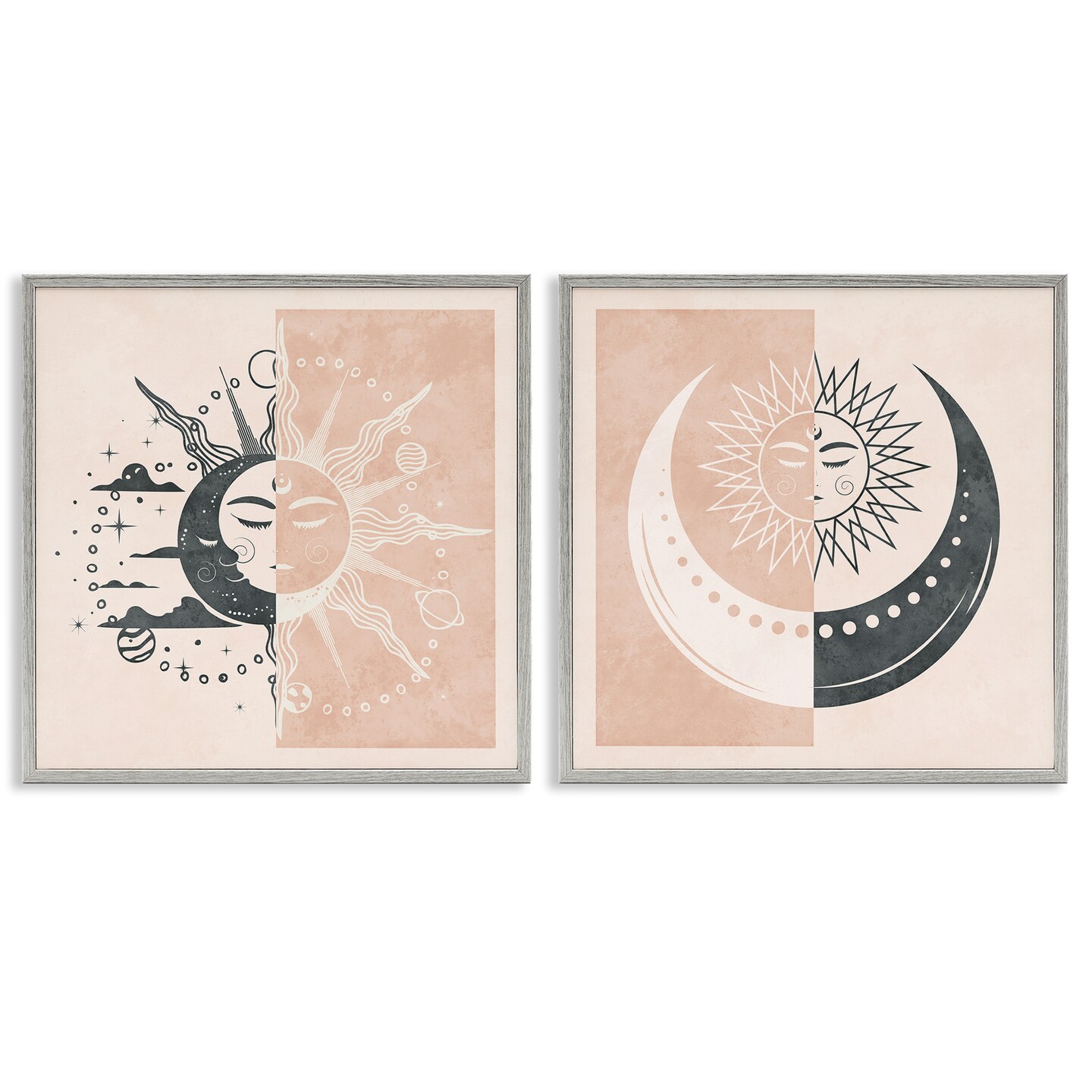 Stupell Industries Boho Two Tone Moon Sun 2pc Framed Giclee Wall Art Set Design by Nina Blue