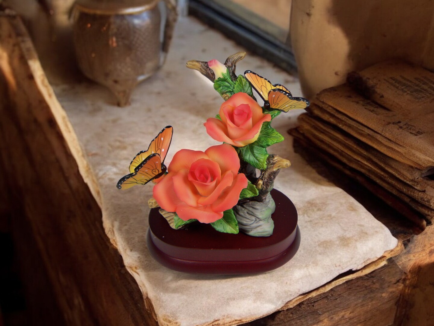 Ceramic Rose Flowers with Butterflies on Wooden Base Figurine, Home Decor, Gift for Her, Gift for Mom