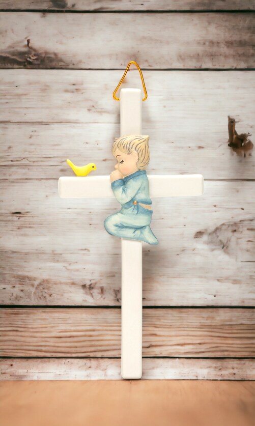 Ceramic Praying Boy With Bird Cross Wall Decor, Religious D&#xE9;cor, Religious Gift, Church D&#xE9;cor, Church Gift, Baptism Gift, Nursery Decor