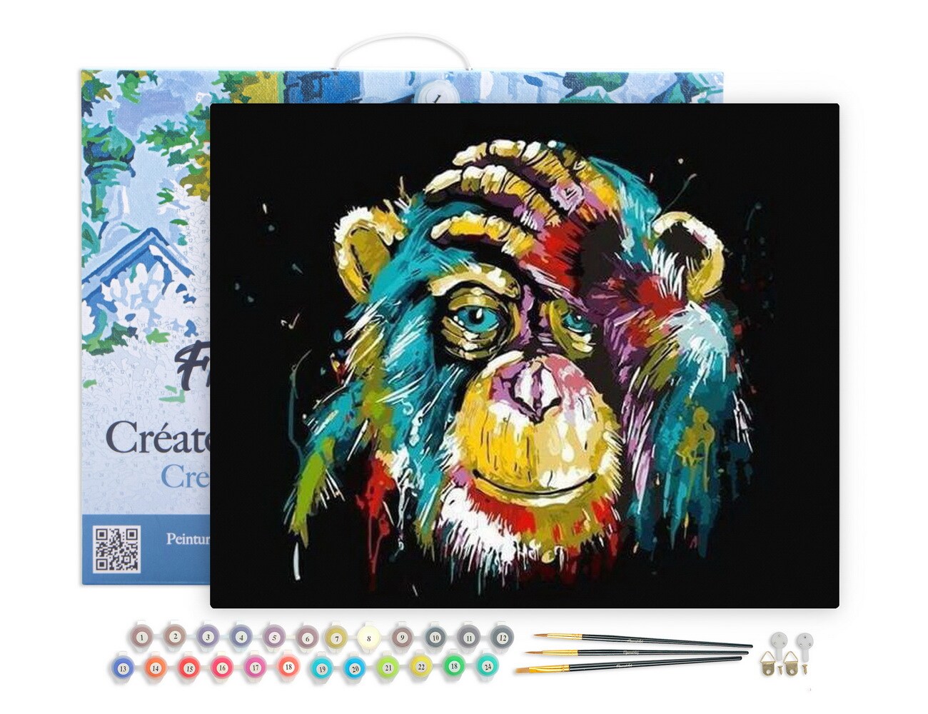 Figured'Art Paint by Numbers for Adults with Frame Baboon Pop Art 16"x20" - Craft Art Painting DIY Kit Canvas Already Stretched on a Wooden Frame