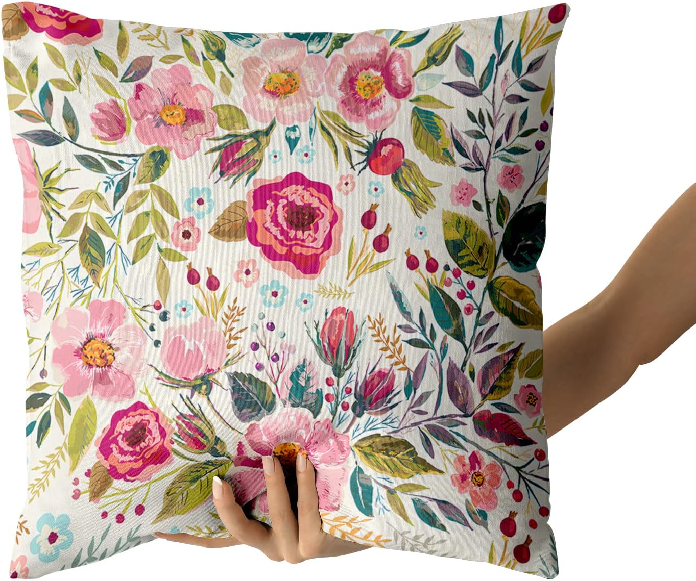 Summer Flower Throw Pillow Covers 18X18 Inch Watercolor Peony Pillowcase Hot Pink Floras With Green Leaves Girly Decorative Square Cotton Cushion Cover Set Of 2 For Home Garden Outdoor Bed Decorations
