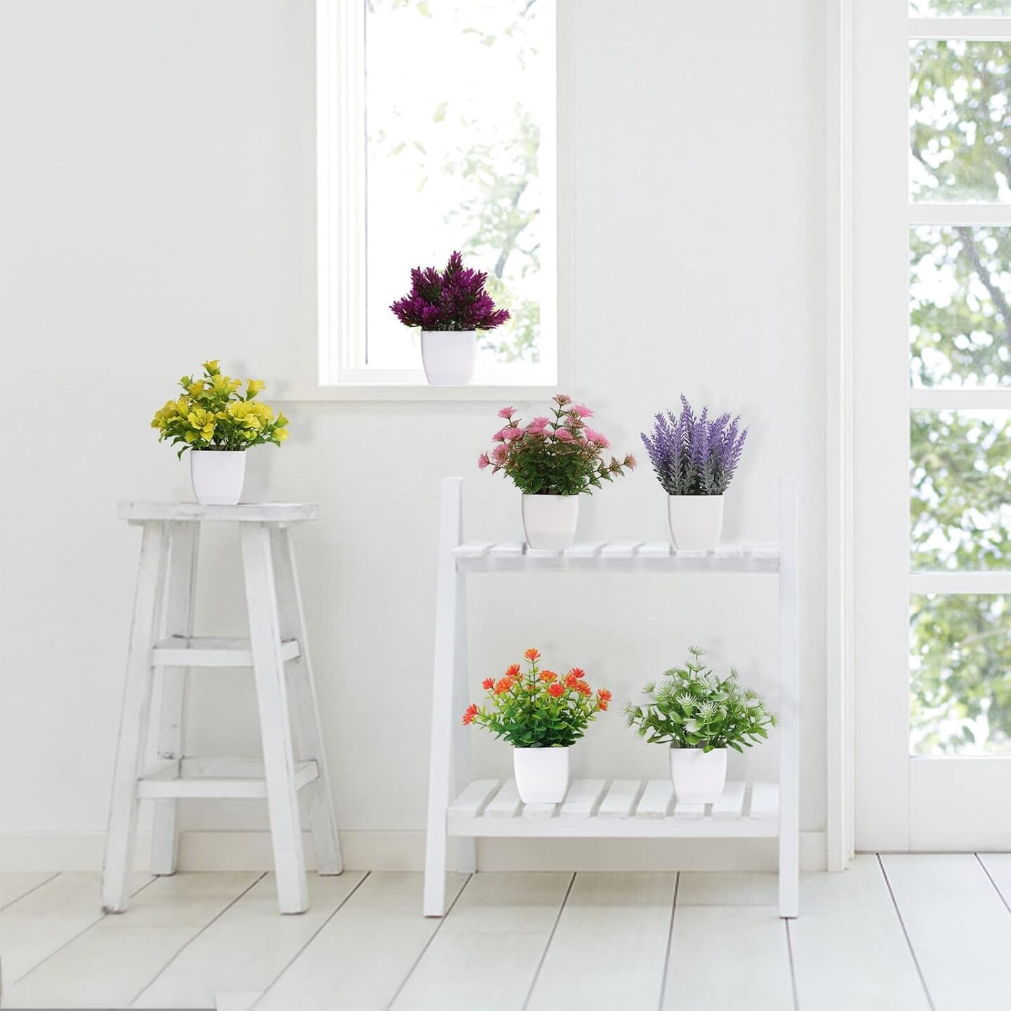 6pcs Artificial Pot Flowers Small Fake Plants with Pot Mini Potted Plants for House Office Tabletop Decoration