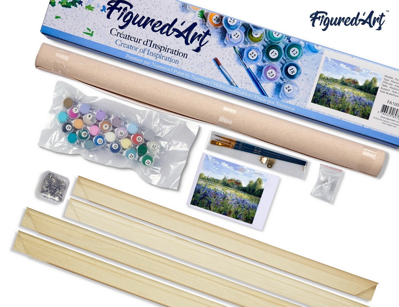 Figured&#x27;Art Paint by Numbers Kit for Adults Countryside field and Blue Flowers 16&#x22;x20&#x22; - Craft Art Painting Rolled Canvas with DIY wooden frame