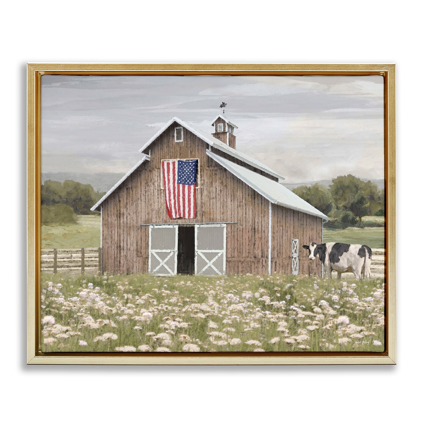 Stupell Industries Patriotic Barn & Cow Floater Framed Canvas Wall Art Design by Amber Sterling