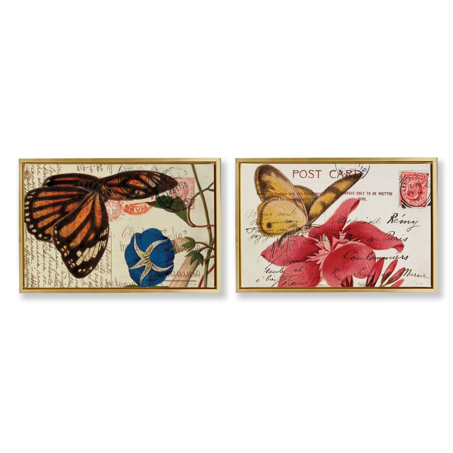 Stupell Industries Butterfly Accented Postcards 2pc Floater Framed Canvas Wall Art Set Design by Deborah Revell