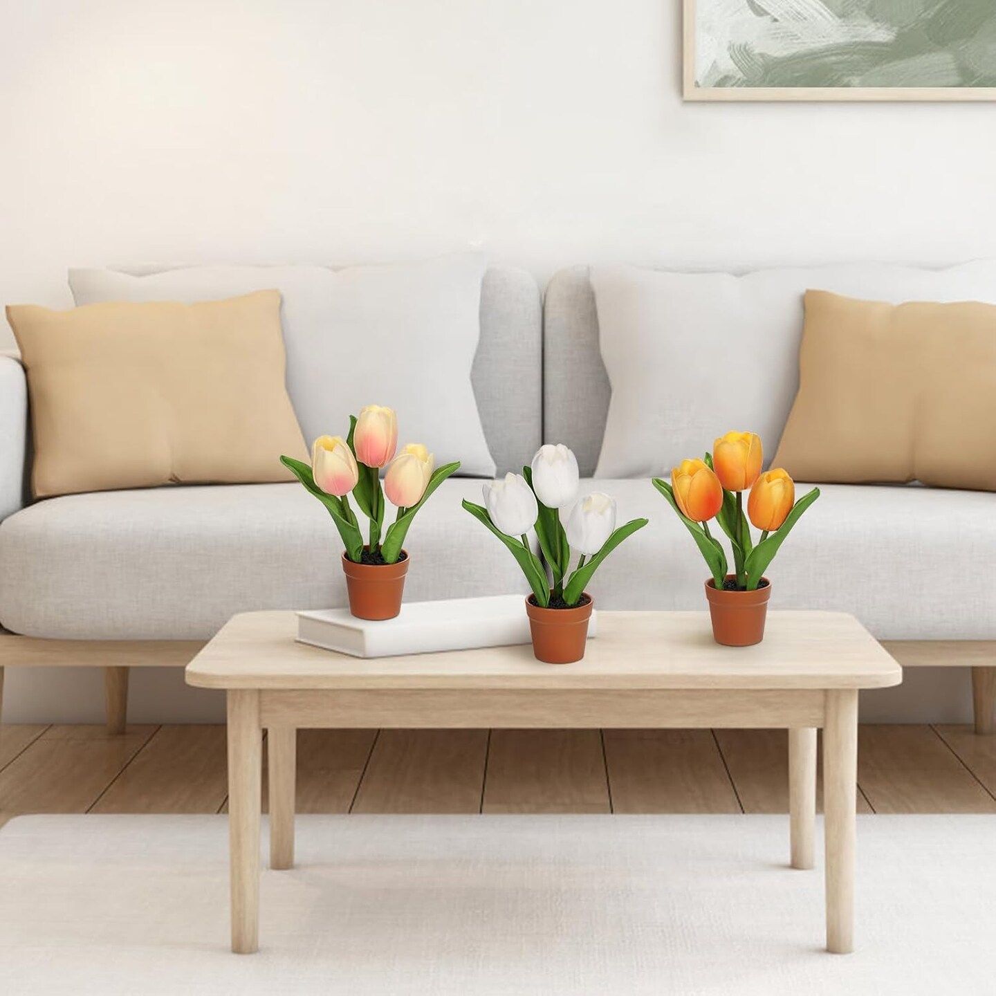Artificial Tulip Arrangement with Terracotta-Like Plastic Pot 8 Inch Small Tulip Centerpieces Fake Potted Flowers for Shelf Table Centerpiece Wedding Home Decor