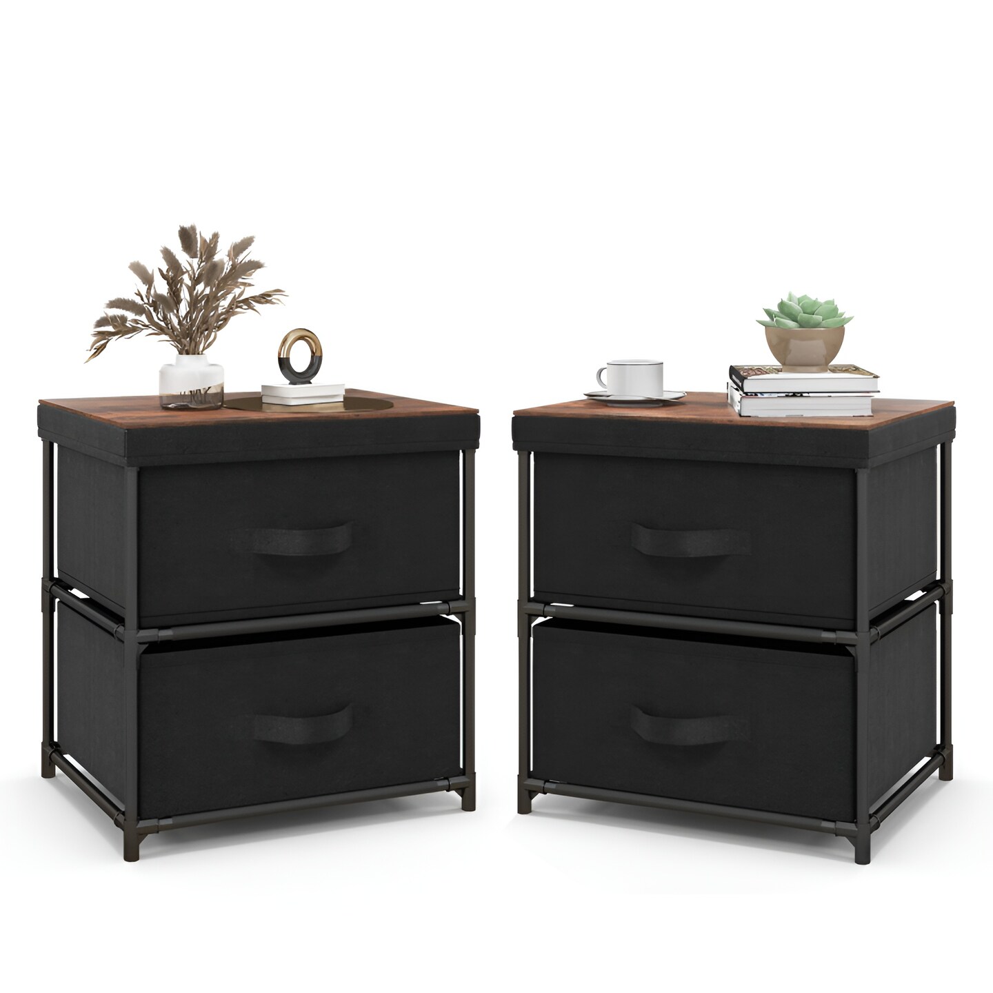 Black 2-Drawer Fabric Dresser Nightstand with Metal Frame and MDF Top 16 Inch - Set of 2