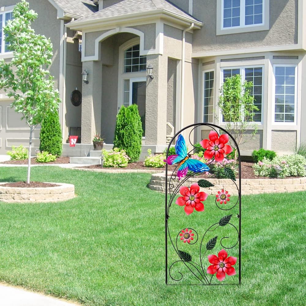34&#x22; Metal Flower &#x26; Butterfly Garden Stake &#x2013; Decorative Outdoor Yard Art for Lawn &#x26; Patio (Red)
