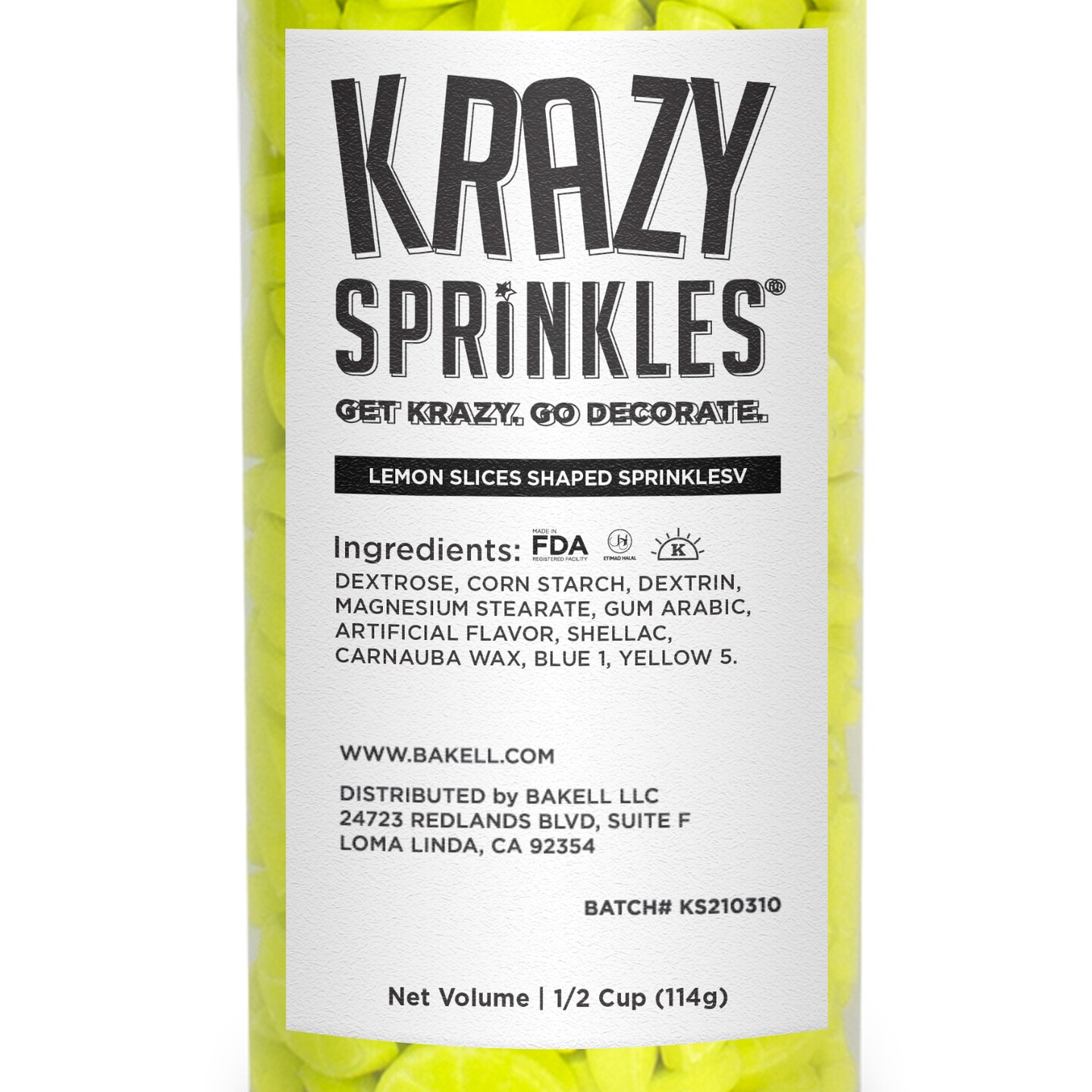 Krazy Sprinkles - Lemon Slices (1/2 Cup, 1x Jar) for Cakes, Ice Cream &#x26; Cookies