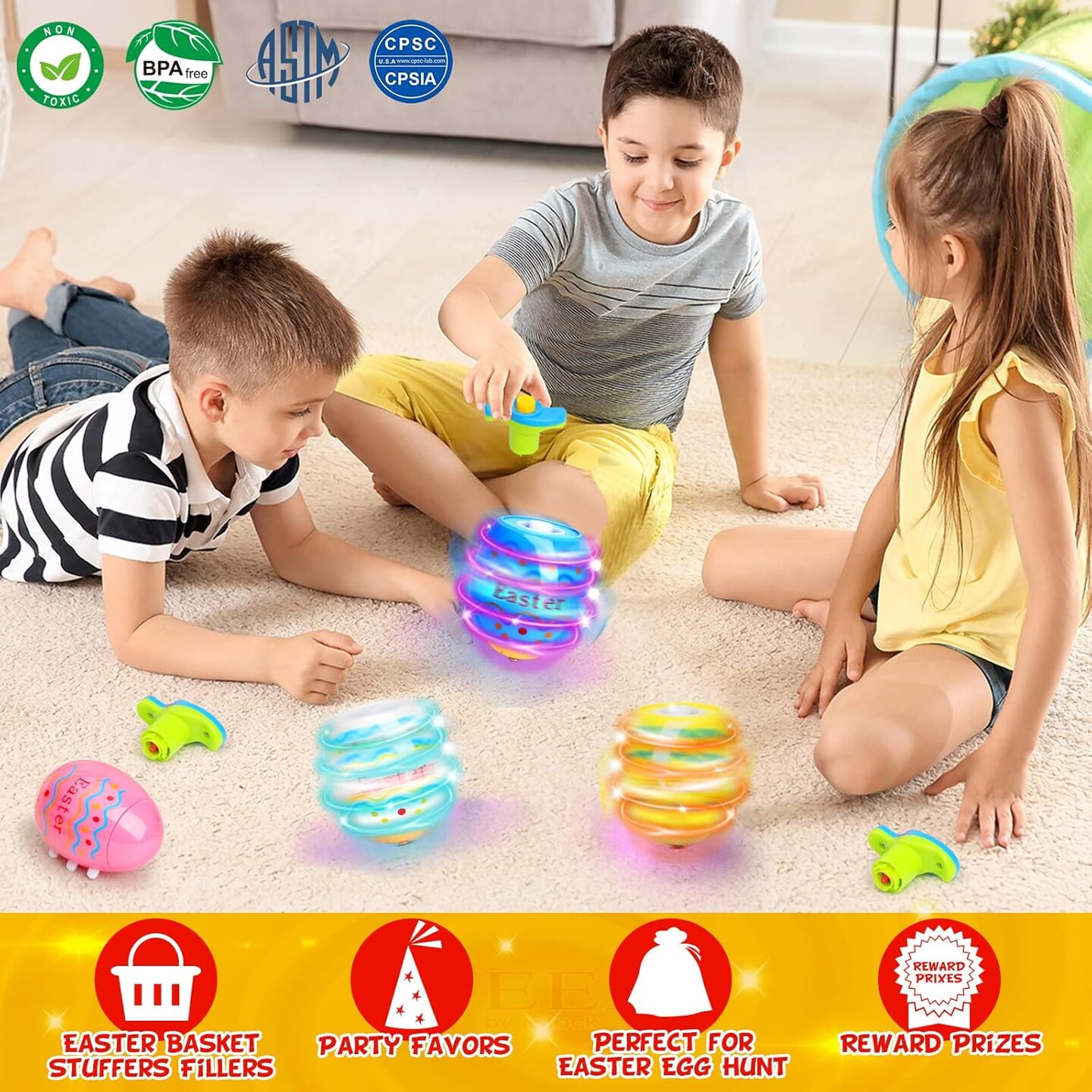 Light Up Easter Eggs Toy Gifts for Kids, 6 Easter Egg Spinning Tops with Flash &#x26; Music, Easter Basket Stuffers, Easter Eggs Hunt Prize, Kids Goodie Bag Fillers, Party Favor Novelty Bulk Toys