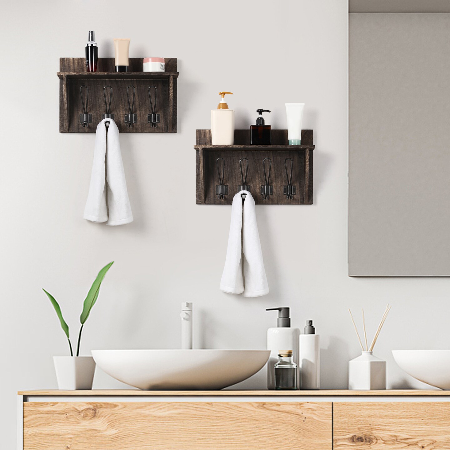 2PCS Wall-Mounted Coat Racks With Hooks Storage Display Shelf Entrance Brown