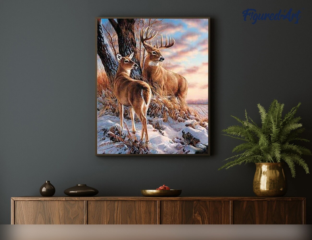 Figured&#x27;Art Paint by Numbers Kit for Adults Deers during Winter 16&#x22;x20&#x22; - Craft Art Painting Rolled Canvas with DIY wooden frame