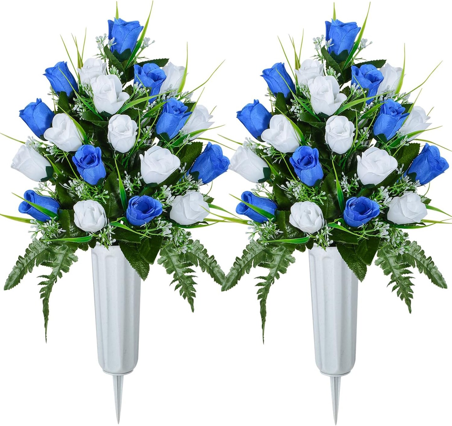 2 Sets Artificial Cemetery Rose Bouquets with Vase – Memorial Grave Decorations for Lasting Tribute