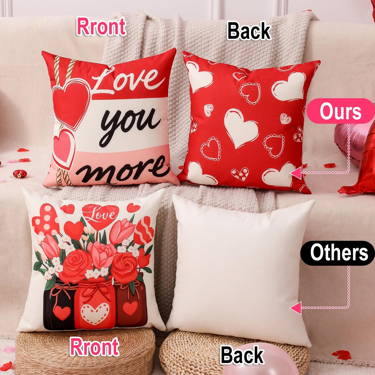Valentine Decorations Set of 4 Double-Sided Valentine's Day Throw Pillow Covers 20" x 20", Reversible 8 Designs, with 16 pcs Heart & Love Balloons, Stickers, Complete Valentines Decor Kit