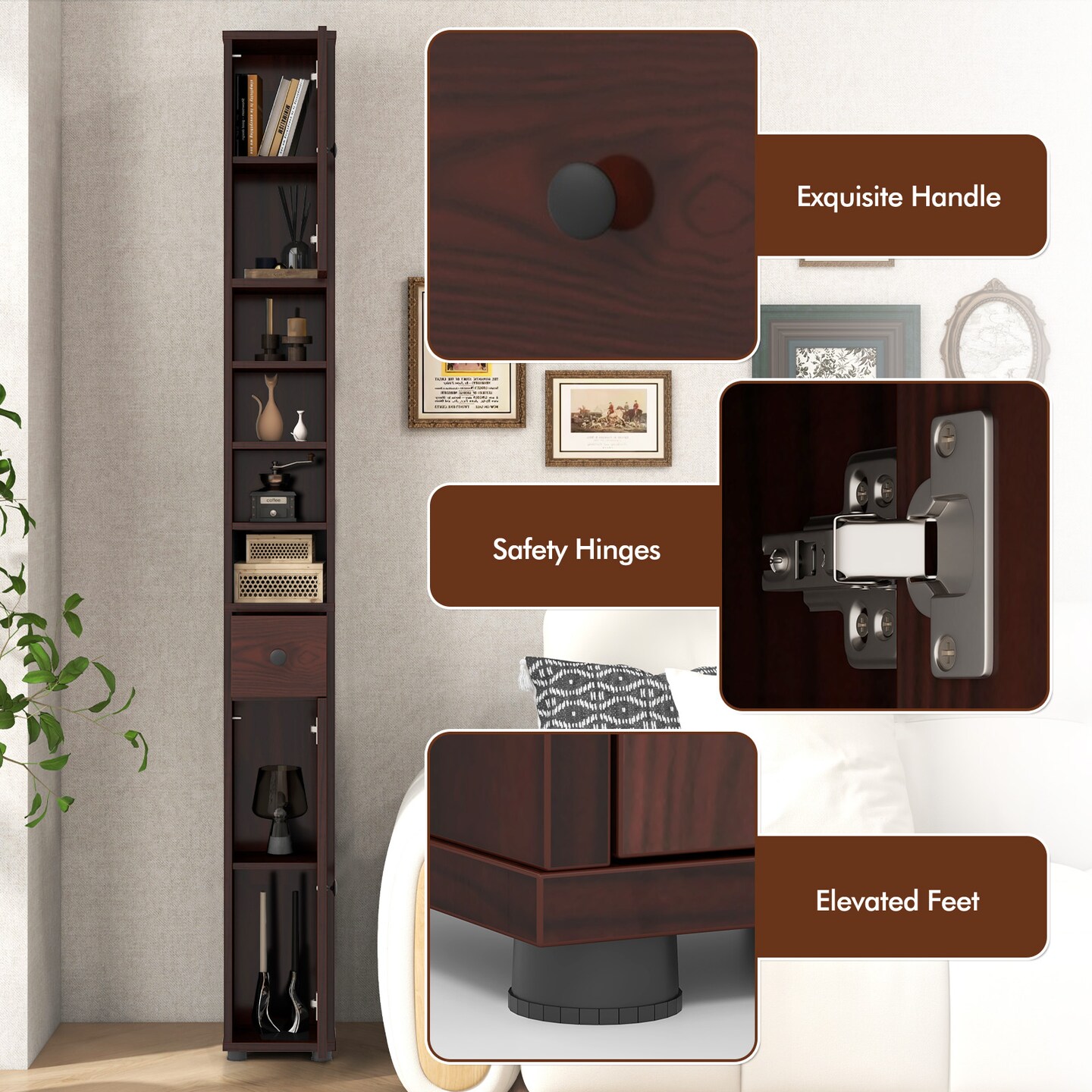 Freestanding Tall Storage Cabinet with Open Shelves Drawer and Double Door Organizer for Compact Spaces