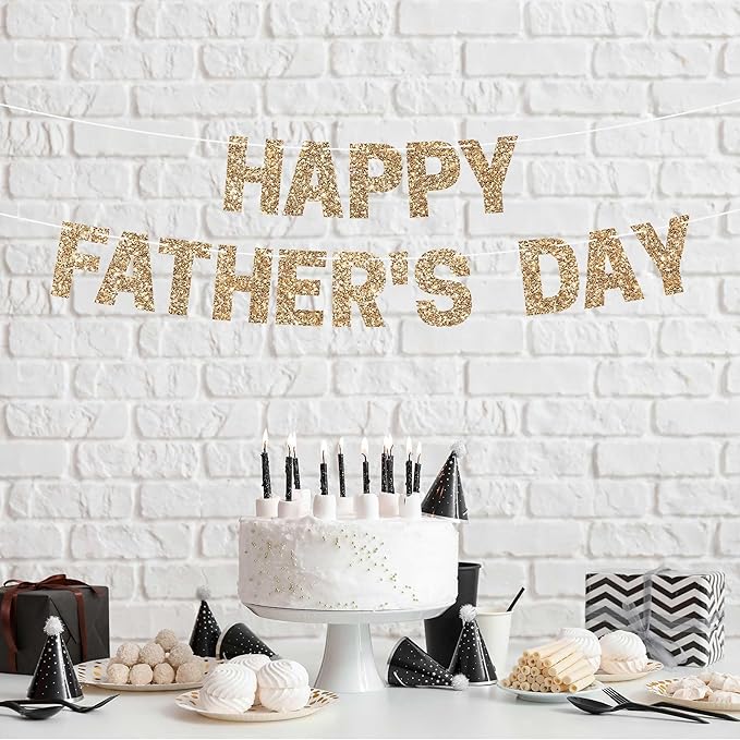 Pre-Strung Gold Glitter Happy Father's Day Banner - No DIY Heavy Duty 350gsm Cardstock Garland | Non-Slip Letters on 8ft Strand, Best Dad Ever Party Decorations for Fireplace Mantle, Wall, Photo Backdrop