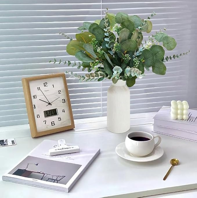 Artificial Eucalyptus Decor in White Ceramic Vase, Eucalyptus Leaves for Farmhouse Table Centerpiece, Home Office Kitchen Bathroom Decor