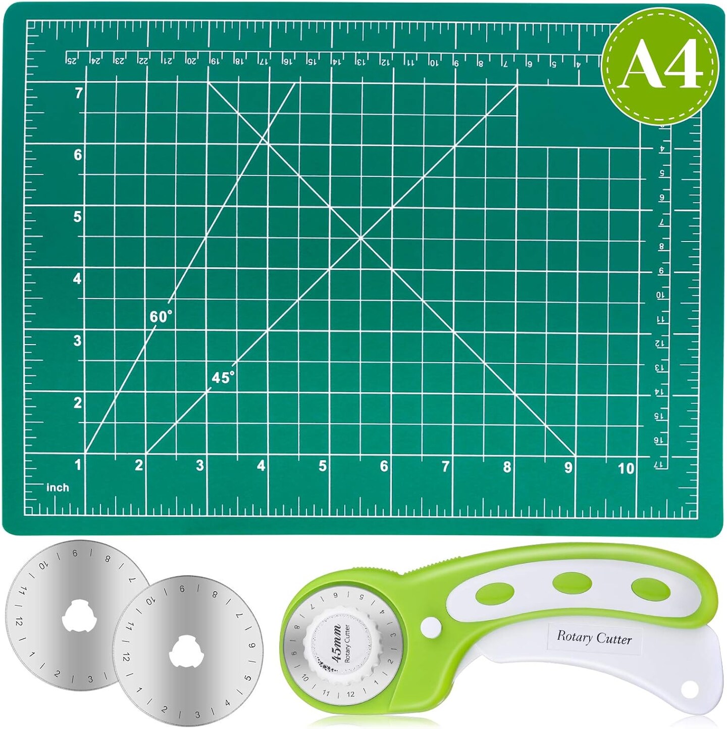 Rotary Cutter Set, Self Healing Sewing Mats Rotary Cutter and Mat 45mm Rotary Fabric Cutter Set with 2 Blades Rotary Cutting Mat for Crafts Fabric Quilting Hobby (9&#x22; x 12&#x22; (A4))