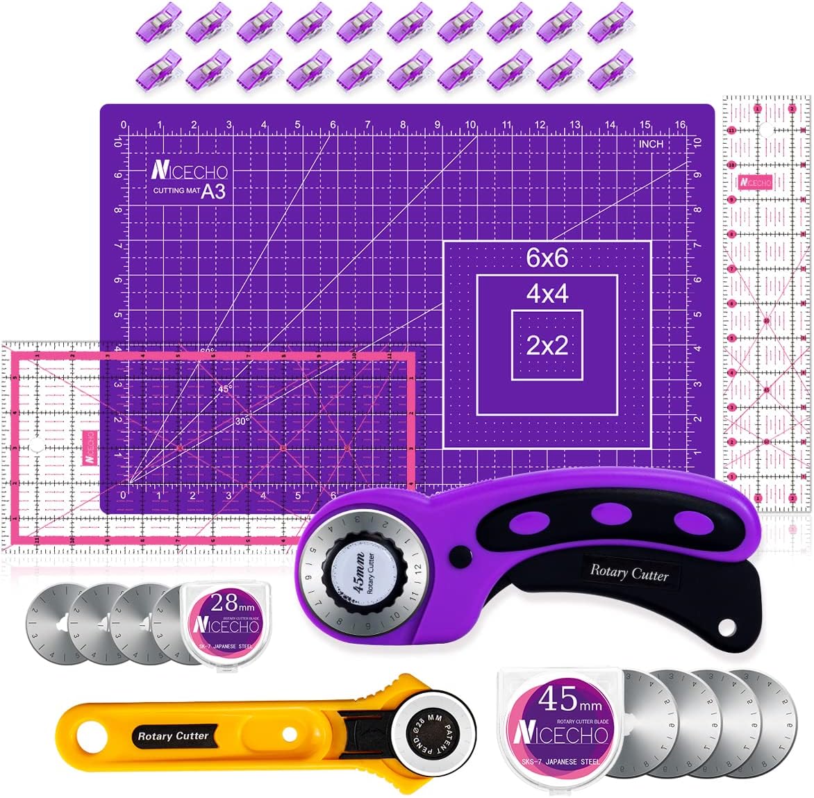 Rotary Cutter Set, Sewing Quilting Supplies,45mm &#x26; 28 mm Fabric Cutters,8 Rotary Cutter Blades,A3 Cutting Mat for Sewing,6x12 &#x26; 2.5x12 In Quilting Rulers,Ideal Quilt kits for Lovers &#x26; Beginners