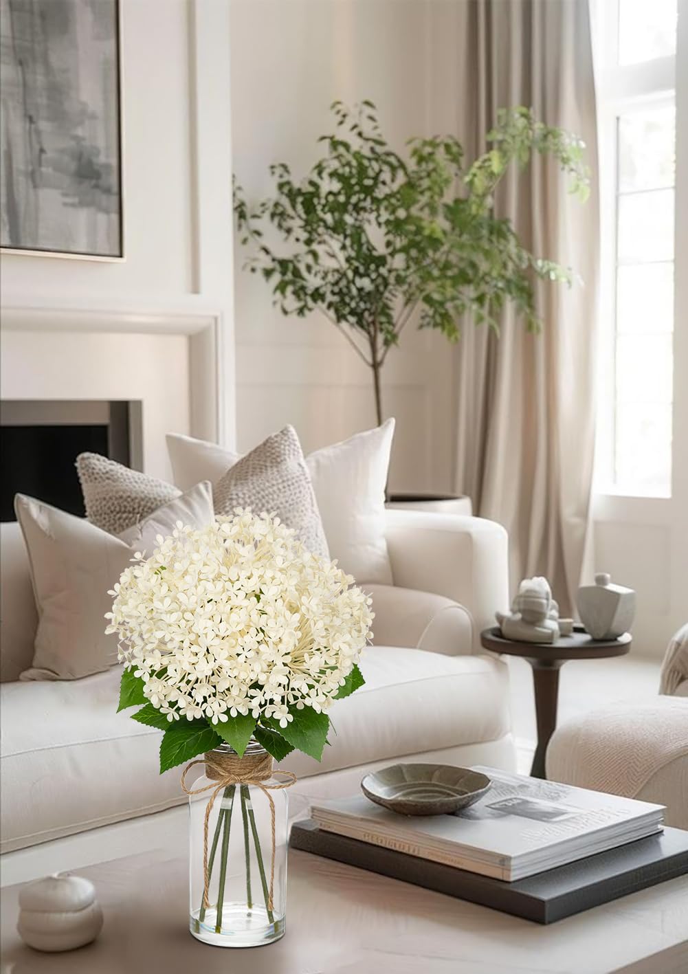 Artificial Hydrangea Flowers in Glass Vase with Faux Water, 13.8&#x22; Fake Cream Hydrangeas Arrangement Centerpiece for Home Caf&#xE9; Kitchen Bathroom Decoration