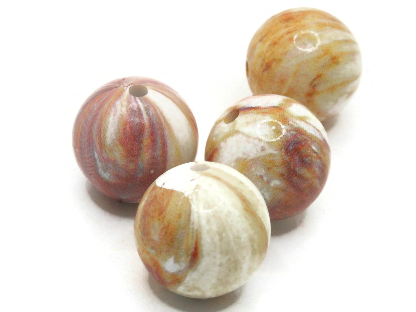 4 20mm Off White with Red and Brown Stripe Vintage Lucite Round Beads