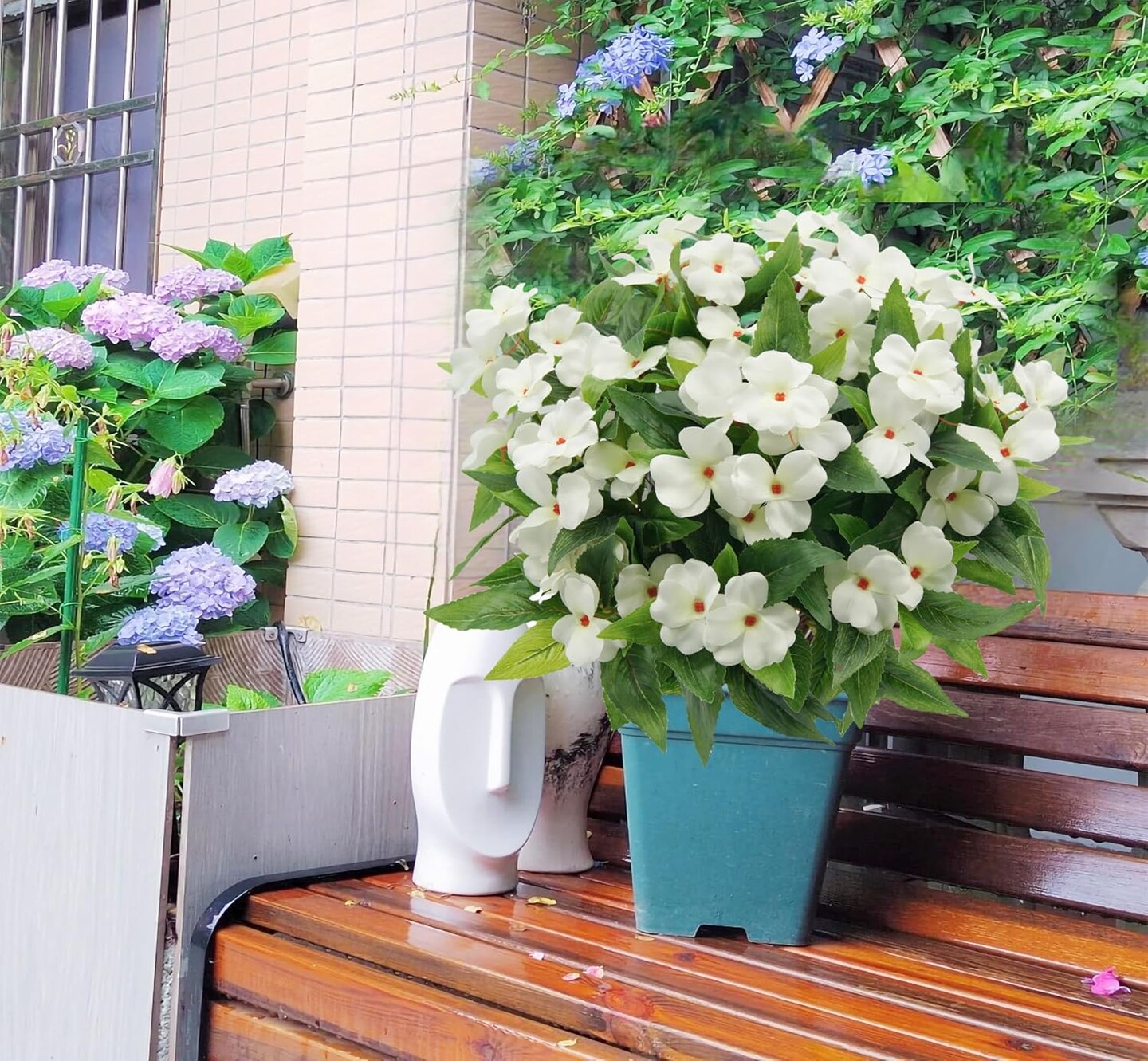 3PCS UV Resistant White Artificial Impatiens for Outdoor Garden, Patio & Porch Décor