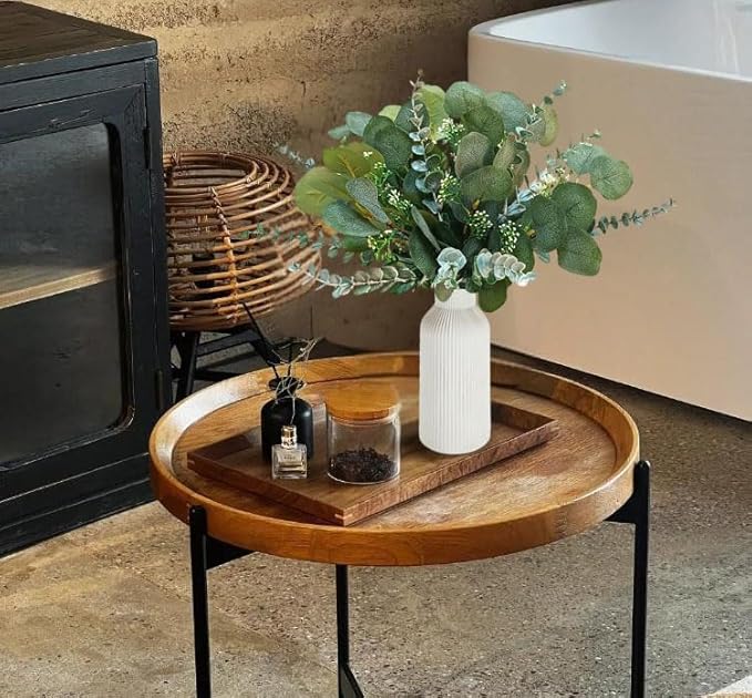 Artificial Eucalyptus Decor in White Ceramic Vase, Eucalyptus Leaves for Farmhouse Table Centerpiece, Home Office Kitchen Bathroom Decor