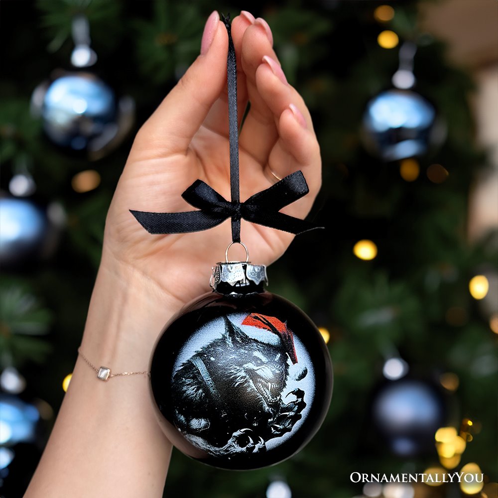 Werewolf Christmas Spooky Portrait Glass Ornament, Black Horror Halloween Tree Decoration