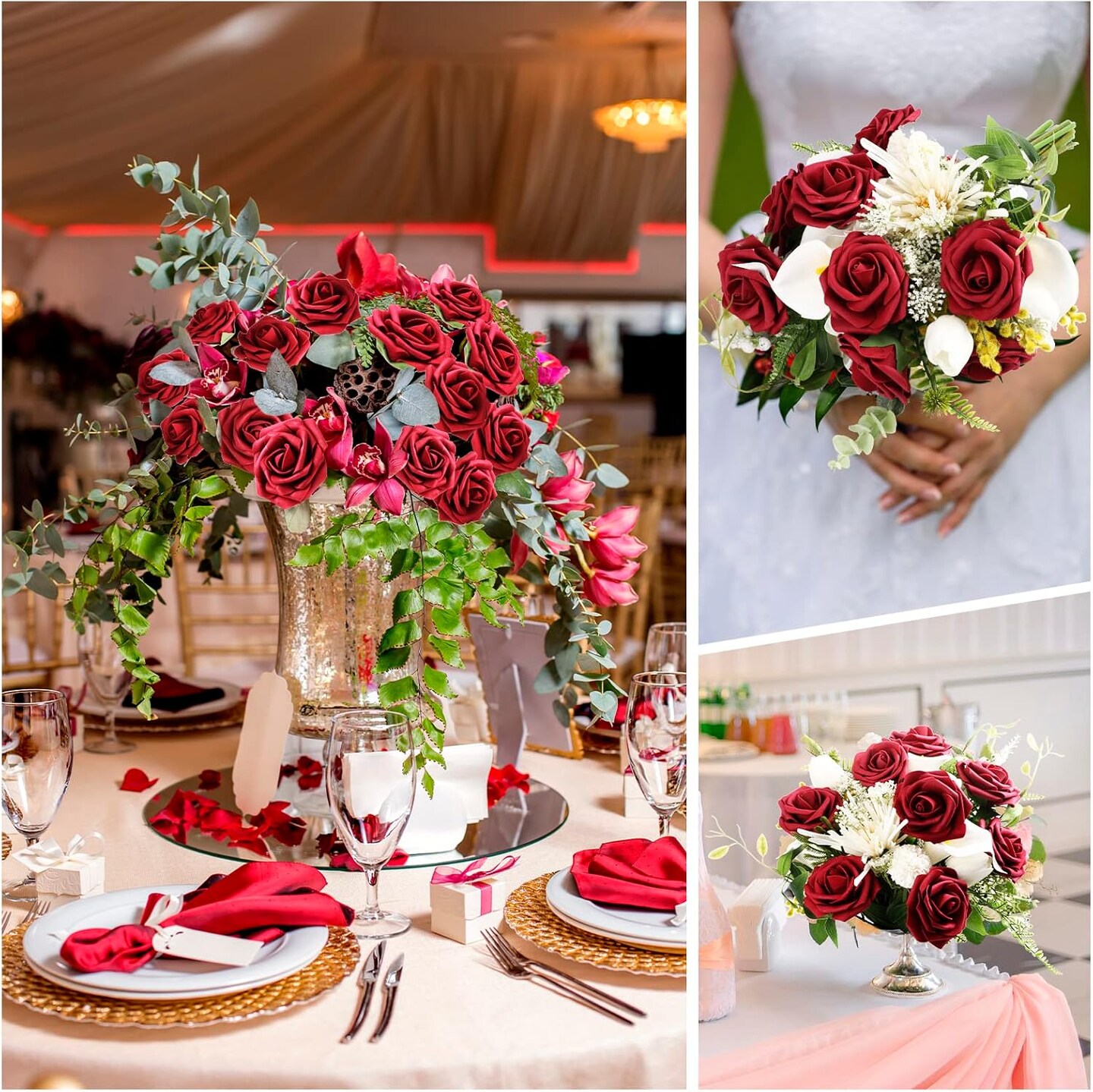 100 Pcs Artificial Flowers Real Looking Rose Flowers Bouquets