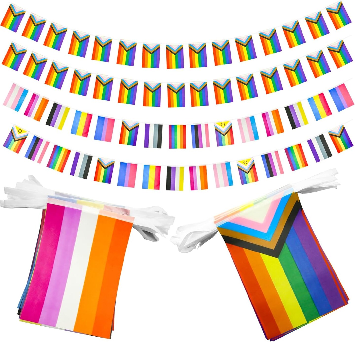 2Pcs Pride Flag Rainbow Banner, 32.8ft LGBT Flag Pride Decorations, LGBT String Flags Rainbow Flag Gay Pride Flag, Colorful Gay Flag Pride Decor for LGBT Party Rainbow Party (2 Styles, 60 Flags)
