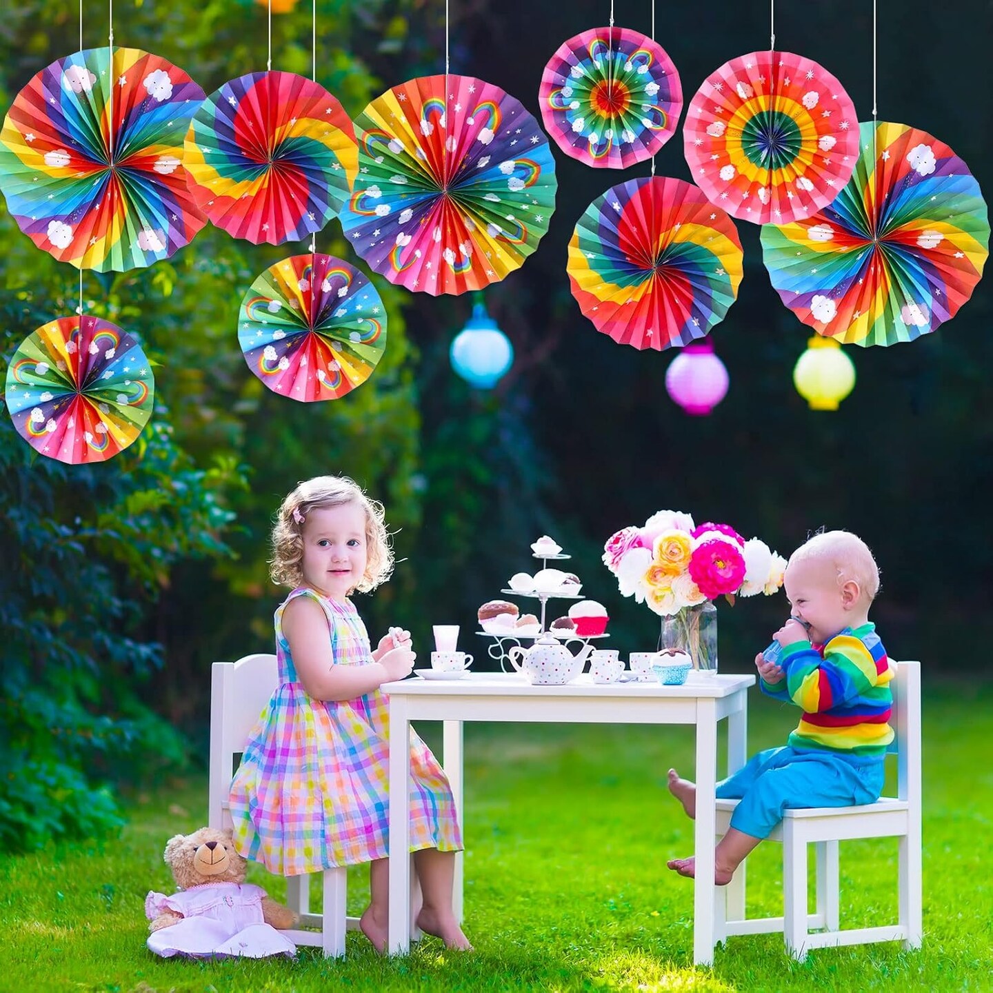 18 Pcs Rainbow Party Decorations Paper Fans Boho Classroom Bulletin Board Decor Ceiling Wall Hanging Paper Fans