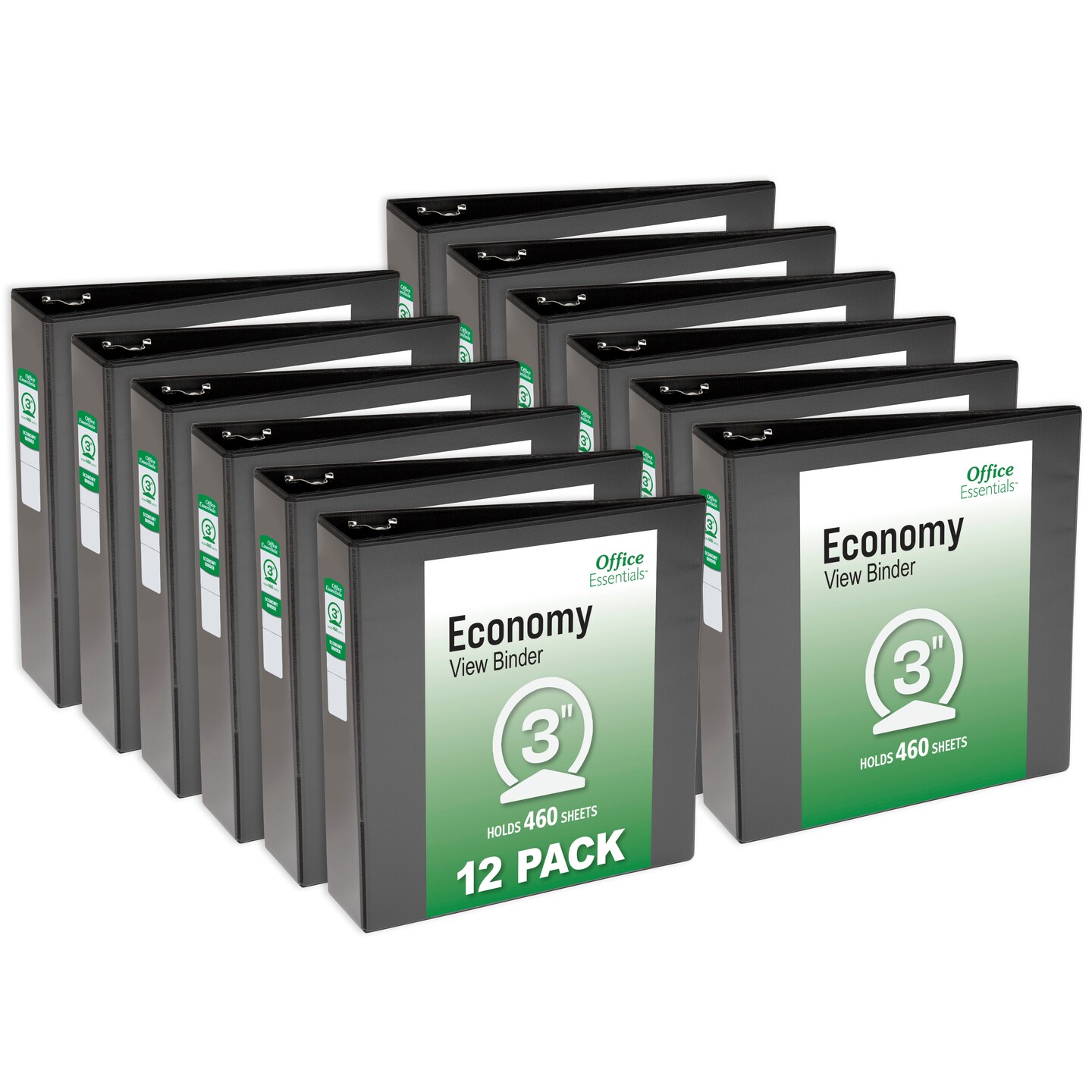 Office Essentials Economy View 3 Ring Binders, 3&#x22; Round Rings, 3.5&#x22; Spine, 460-Sheet Capacity, Black Binders (12-Pack of 03431)