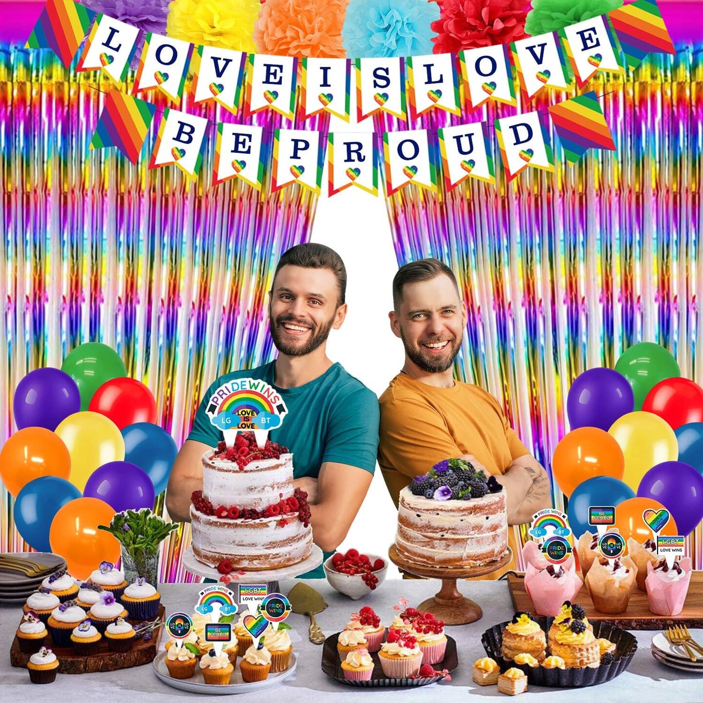 Pride Decorations Set - Gay Pride Party Decorations Include Porch Sign, Banner, Balloon, Tattoos, Cake Topper, Curtain, Paper Poms, LGBT Pride Month Rainbow Theme Party Decorations Supplies