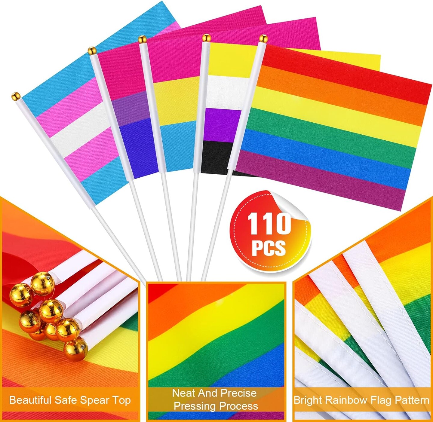 110 Pack Small Pride Flag Rainbow Mini Flags with Sticks Set, Nonbinary Gender Bisexual Pansexual Transgender Gay Rainbow Hand Flags for Nonbinary LGBTQ Pride Month Party Parade Decorations